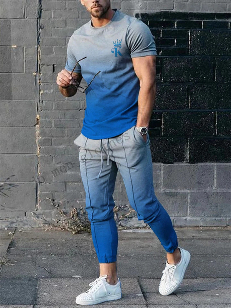 Chándales de los hombres Chándal informal Verano Conjuntos de 2 piezas Strip King camisetas impresas Pantalones Joggers Conjunto Moda Street Pantalones de manga corta 221108