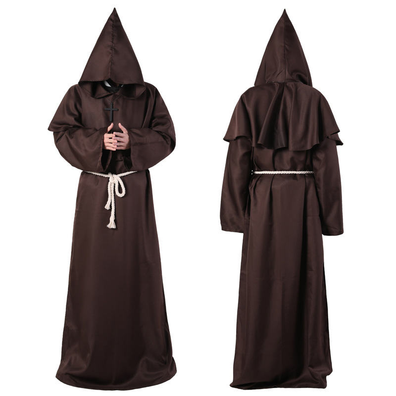 Medeltida Monk Clothes Theme Costume Wizard Priest Death Robe Cosplay Rollspel Halloween Costumes With Midje Line och Cross Pendan220w