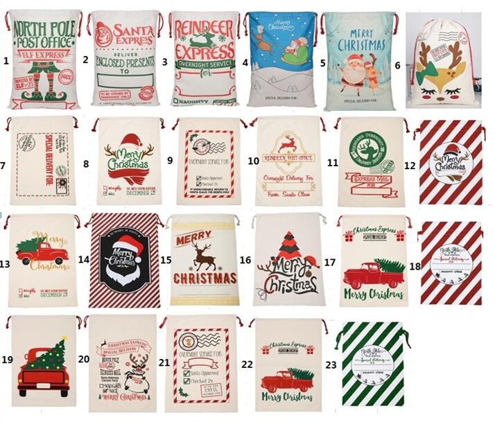 Nieuwste Canvas Santa Sack Bag Handtas met trekkoord Nieuwe grote festival Party Decoratie Santa Sacks Merry Christmas Candy Gift Bags 50x70cm 23 Design