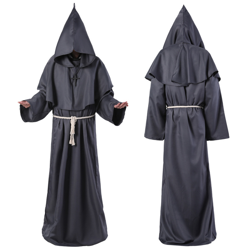 Medieval Monk Clothes Theme Costume Wizard priest death robe cosplay role play halloween costumes with waist line and Cross pendan220w