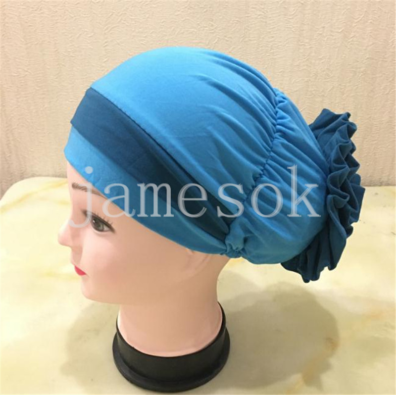 Duas cores Hijab muçulmano com Flor Pull on Hat Islâmico Hijab Turbano Hijab Completo Mulheres Cabeças de Cabeça De903
