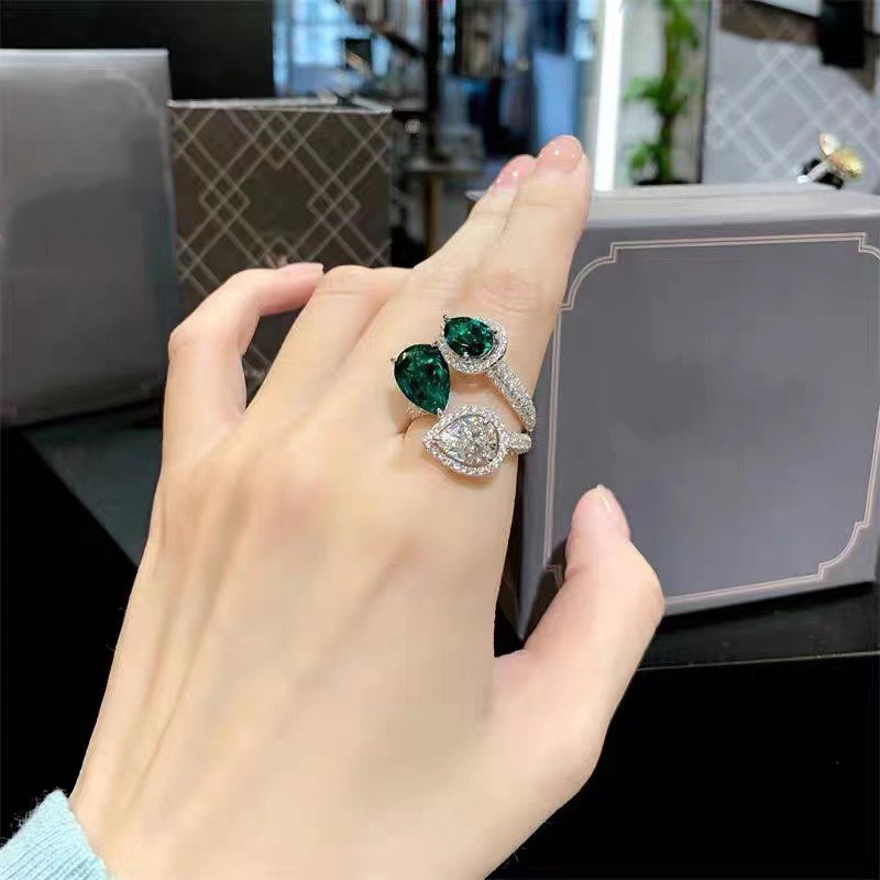 Three-stone Finger Ring Water Drop Emerald Moonstone White Gold Filled Party Wedding band Rings for Women Promise Birthday Jewelry2165