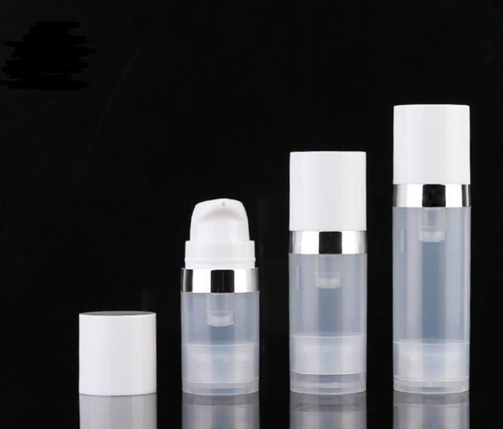 Bouteilles vides sans air de 5 ml 10 ml bouteille de lotion de pompe à vide sans air claire avec emballage cosmétique Silver Line SN140