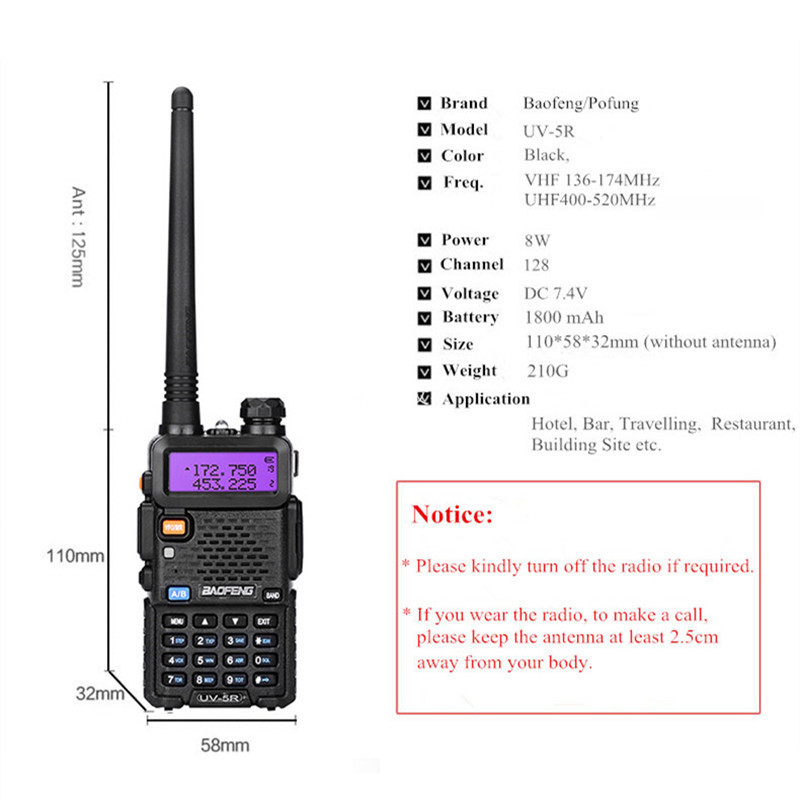 Walkie talkie baofeng uv 5r radio tvåvägsstation vhf -talkie kraftfull walike 58w vhfuhf för jakt 10 km 221108