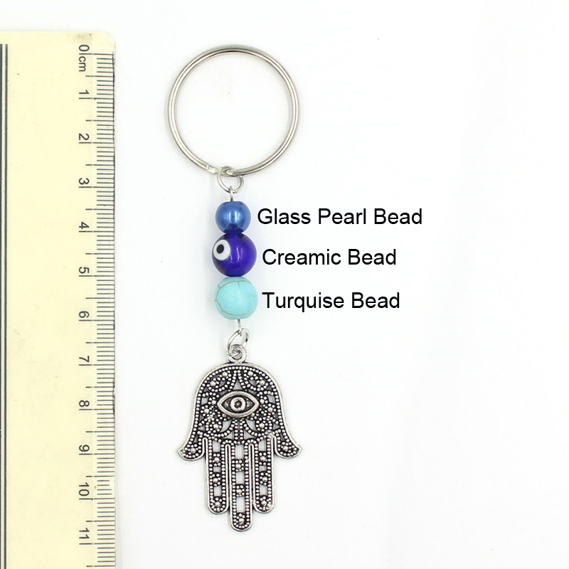 الجملة المحظوظ Hamsa Fatima Hand Key Rings Keychain Carning Keyring Blue Turkish Evil Eyer Key Chain for Women Men المجوهرات هدية