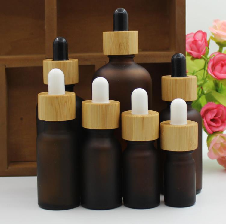 Frosted Amber White Glass Dropper Bottle 15ml 30ml 50ml with Bamboo Cap 1oz Wooden Essential Oil Bottles SN141