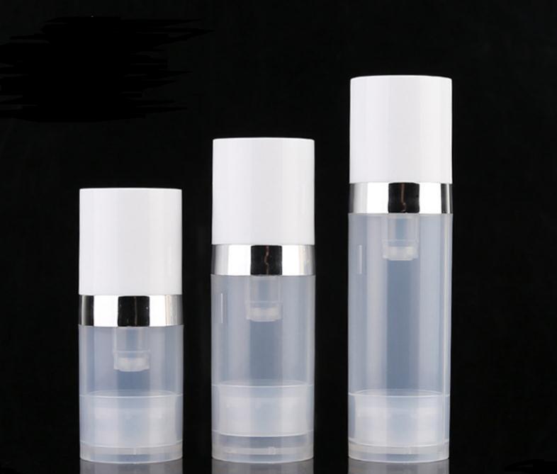 Bouteilles vides sans air de 5 ml 10 ml bouteille de lotion de pompe à vide sans air claire avec emballage cosmétique Silver Line SN140