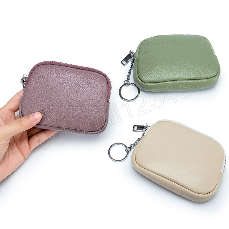 Véritable cuir couleur unie fermeture éclair porte-monnaie mode femmes pochette sac petit portefeuille en peau de vache avec porte-clés pour Ladie