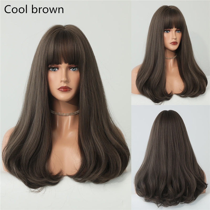 Cosplay färgglad peruk med lugg för kvinna syntetiskt medium lång naturlig våg peruk mode värmebeständig daglig hår