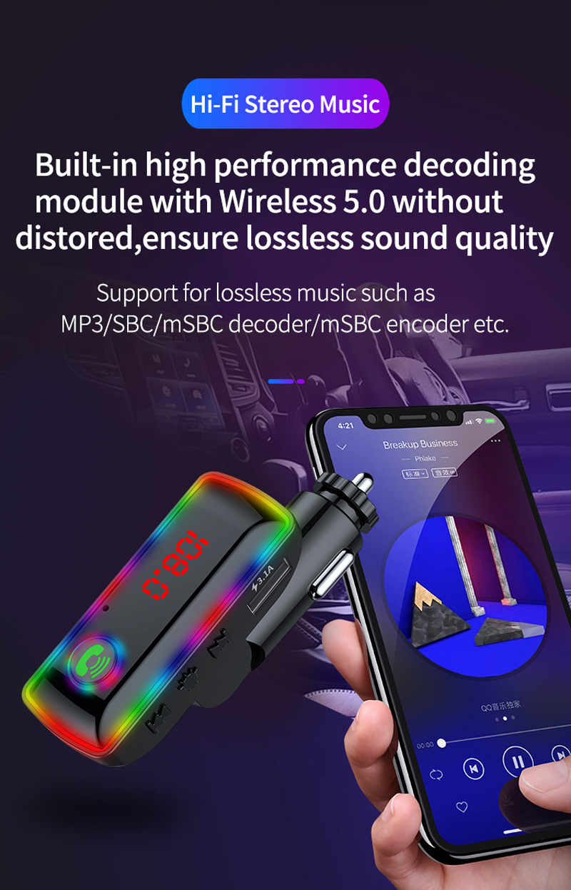 F11 Trasmettitore FM Bluetooth auto Caricabatteria auto Kit di ricarica rapida Lettore modulatore Mp3 Ricevitore audio vivavoce wireless Disco U con lampada atmosfera