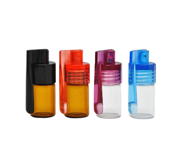 Colorful 36mm 51mm Travel Size Acrylic Plastic Bottle Snuff Snorter Dispenser Glass pill case Vial container box with spoon SN126