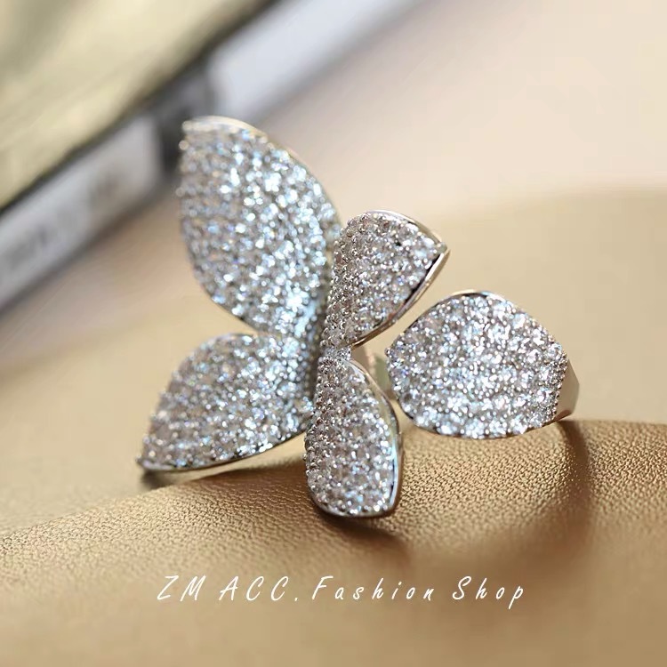 Big Silver Color Flower Leaf Justerbar ring med Bling Diamond för kvinnor Bröllop Engegement Fashion Jewelry 2022 Trend