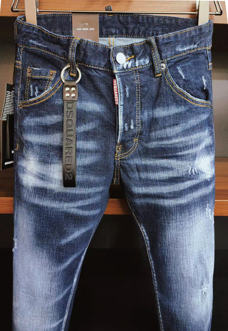 Jeans pour hommes Europe et Amérique nouveau porté simple trou mince polyvalent pendentif élastique jeans serré pantalon droit bleu denim