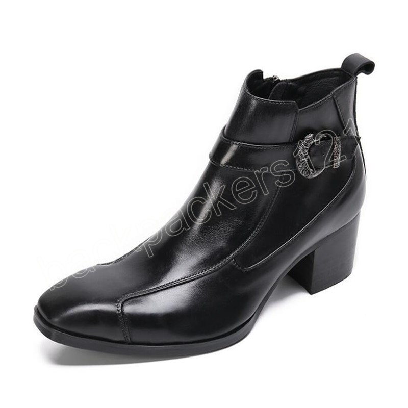 럭셔리 패션 하이힐 공식적인 남자 부츠 검은 진짜 가죽 디자이너 남성 드레스 신발 발목 부츠 광장 발가락 파티 부츠