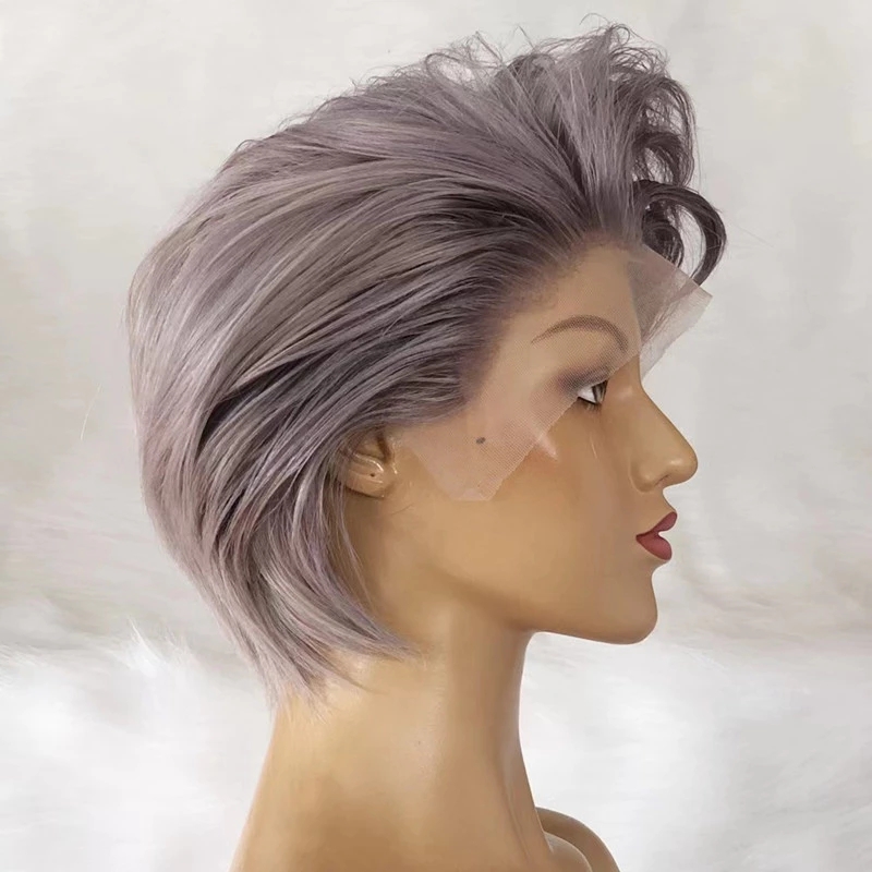 Grey Pixie Cut Wig Human machine made no Lace Front Short Bob Straight Hair Wigs Brazilian Virgin remy Wig For Women