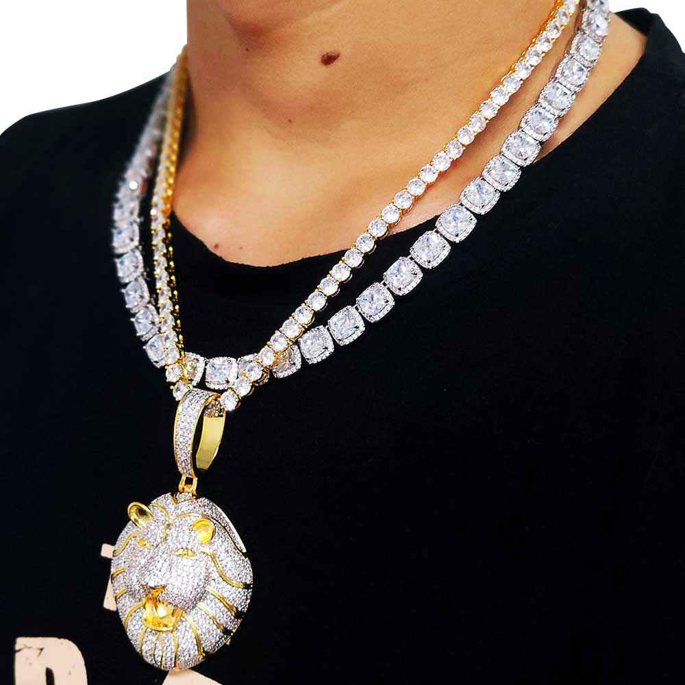 Hip Hop Grand Lion Tête Pendentif Collier Bling 5A Zircon 18k Véritable Bijoux Plaqué Or