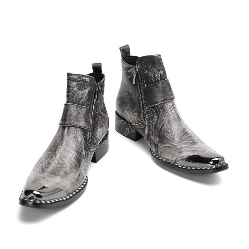 Luxe gris homme boucle sangle robe bottes modèle spectacle chaussures hommes Banquet fête bottes personnalisées botte en cuir de vache