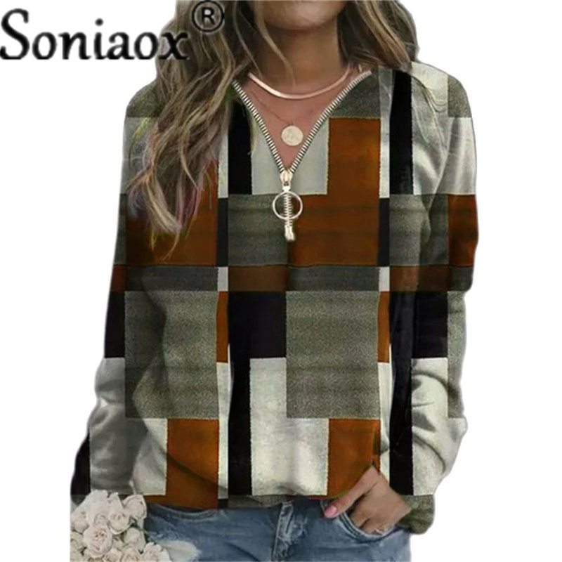 Damen Hoodies Sweatshirts Herbst Frauen Lose Lässige V-Ausschnitt Reißverschluss Langarm Plaid Top Pullover Streetwear Damenmode 221109