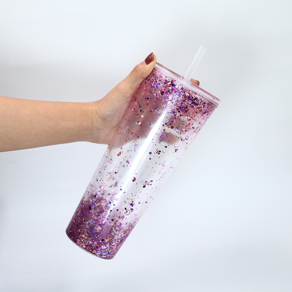 Bicchieri in acrilico con globo di neve a doppia parete da 24 once con tazza bevande in plastica trasparente con cannuccia e coperchio piatto con foro riempire i glitter