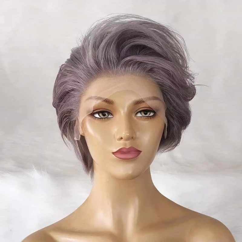 Colored Short Pixie Straight Bob Human Hair Machine made no Lace Wig For Women Brazilian Remy Hair Glueless Ombre Purple Grey Wigs