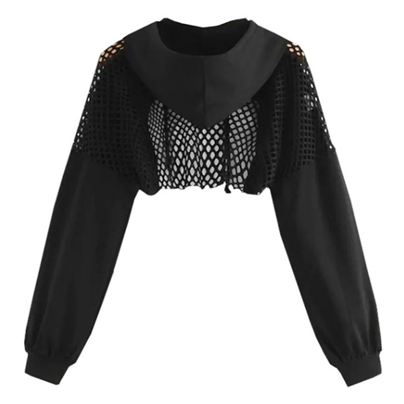 Damen Hoodies Sweatshirts Sweatshirt Ultra Short Mesh Splice Pullover Gothic Frauen Langarm Lenden Sexy Top Street Wear 221109