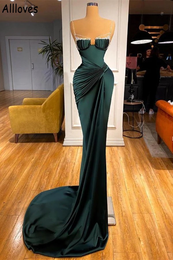 Dunkelgrüne, elegante Satin-Meerjungfrau-Abschlussballkleider, glänzende Pailletten-Spaghettiträger, Abendkleider für formelle Anlässe, Aso Ebi, gerafftes, sexy Kleid für den zweiten Empfang, CL1389