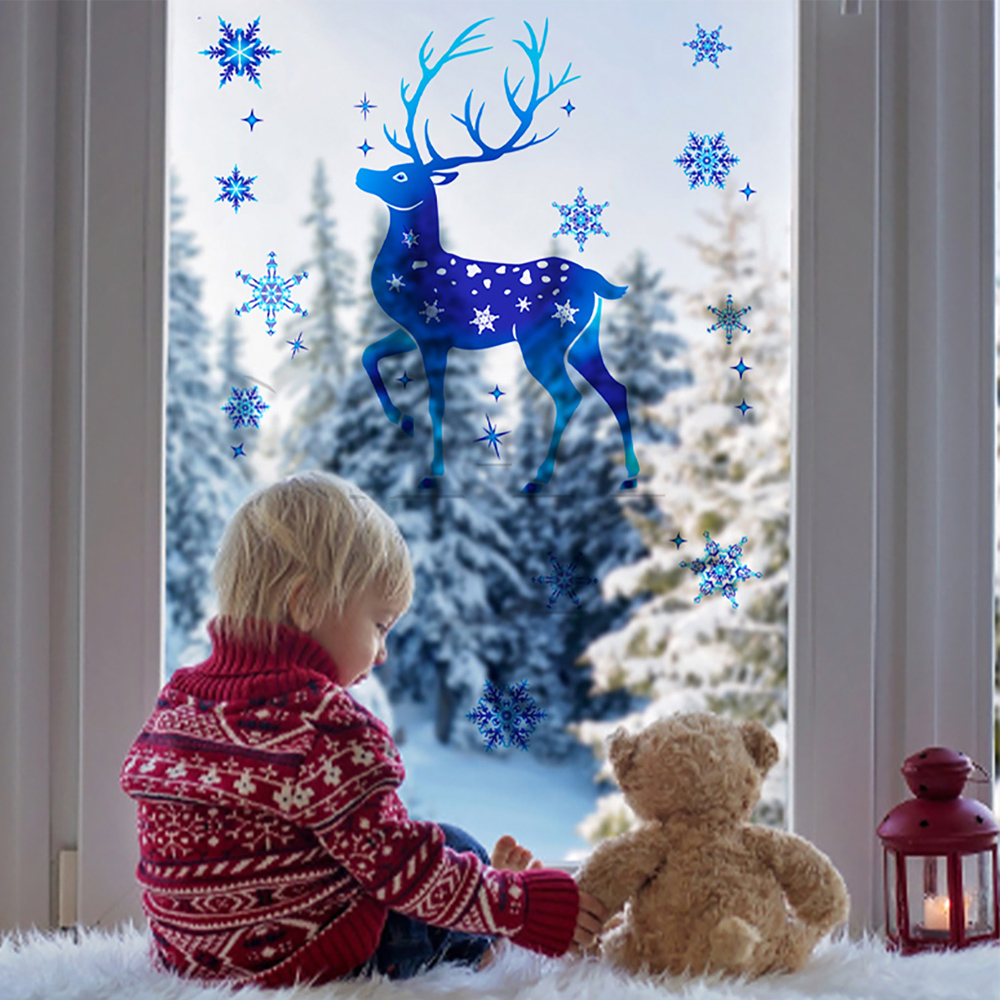 Christmas Decorations Window Glass Sticker Elk Snowflake Wall Stickers Home Kids Room Decals New Year Navidad