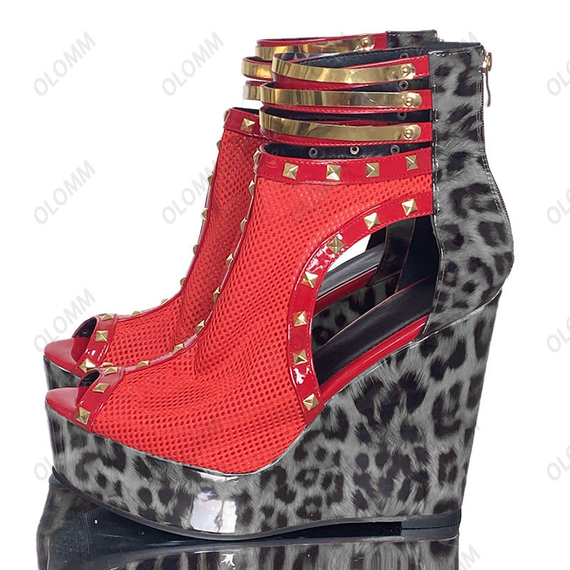 Olomm 2023, sandalias de plataforma hechas a mano para mujer, tacones de cuña con tachuelas de charol, zapatos de Cosplay de leopardo con punta abierta, zapatos de talla grande de EE. UU. 5-20