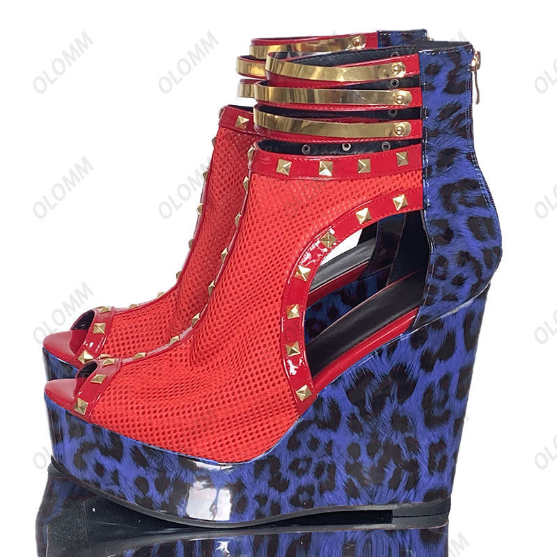 Olomm artesanal Mulheres Plataforma Sandálias Patente Culturas Costusadas Saltos Peep Toe Belas sapatos de cosplay de leopardo US PLUS TAMANHO 5-20