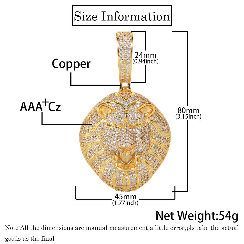 Хип -хоп большой кулон головы Lion Bling 5a Циркон 18K настоящие золотые украшения, покрытые украшениями