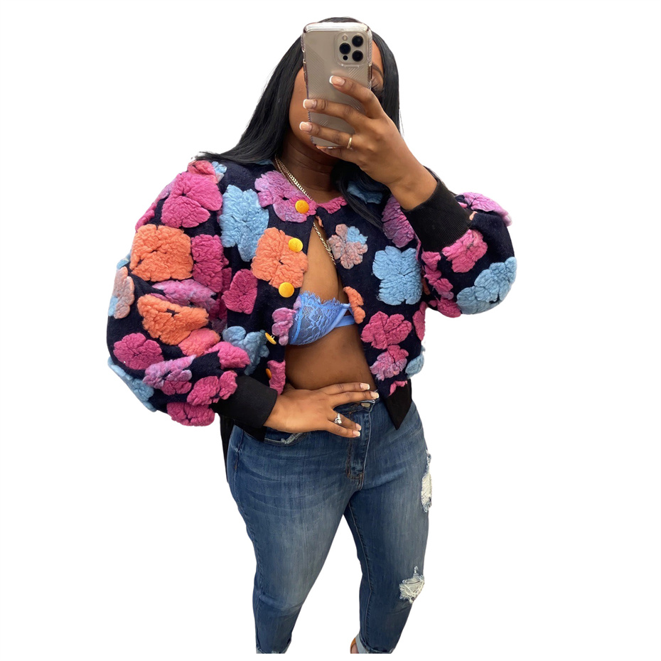 Women Winter Coat Flowers Print Short Jacket Baseball Uniform Designer Sweatshirts Wholesale Long Sleeve Cardigan Fashion Patchwork Tops K10627