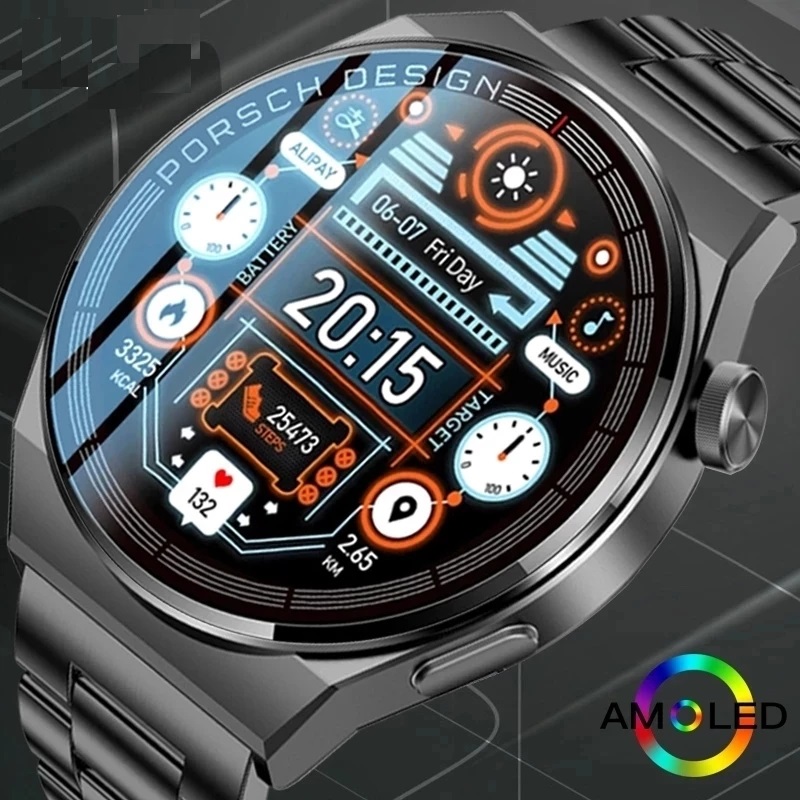 Новые умные часы Men Amoled HD -экран всегда отображают время фитнеса для фитнеса водонепроницаемые умные часы нержавеющей стали мужчины