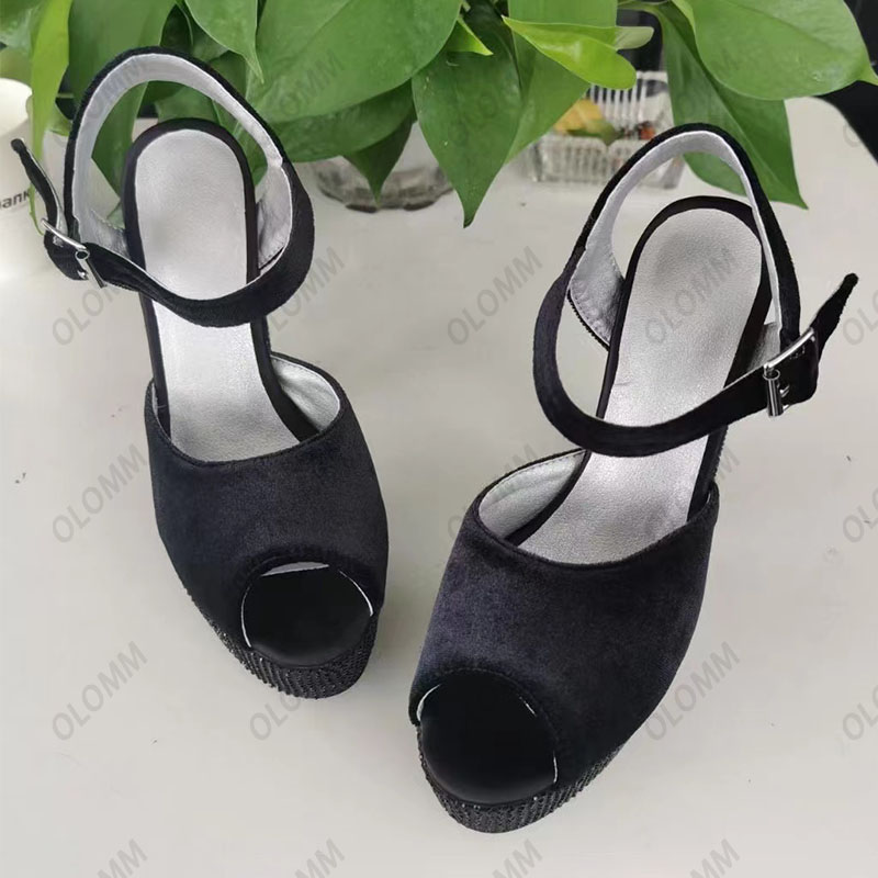 Olomm 2022 Handgjorda kvinnor Platform Sandaler Faux Suede Rhinestone Chunky Heels Round Toe Elegant Black Party Shoes Storlek 35 47 52