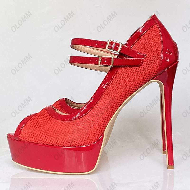 Olomm Stylish Women Summer Pumps Mesh Ultra High Heels Peep Toe Gorgeous Red Black Club Cosplay Shoes女性米国サイズ5-20