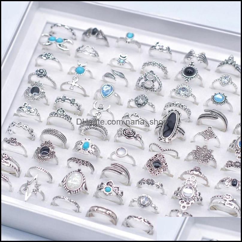 Cluster Ringen Bk 100 Stuks Veel Bohemen Kristal Vintage Ringen Mix Grootte Antieke Sier Etnische Vrouwen Mode Charme Sieraden Geschenken Vinger A244Y