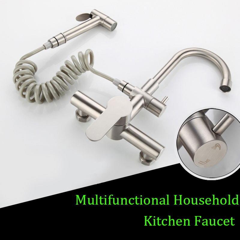 Kitchen Faucets Onyzpily Brushed Nickel 304 stainless steel Sink Faucet Mixer Tap Stream Sprayer Head Wall Installation 221109