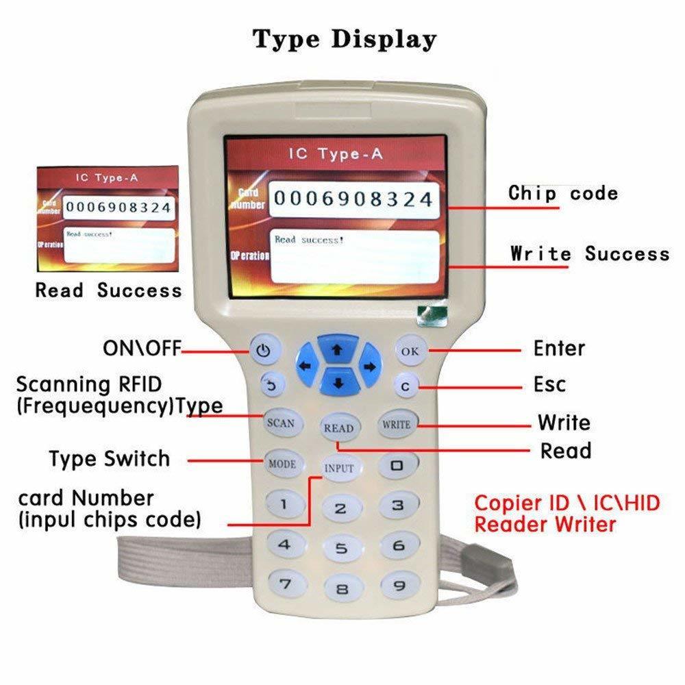Lettore di schede di controllo accessi Inglese 10 frequenze RFID Writer Copier Duplicator ICID con cavo USB schede 125Khz 1356Mhz LCD Sc3512040
