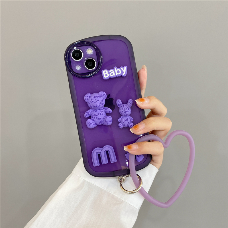 Coque de téléphone ours pour iPhone, compatible modèles 14 Pro Max Plus, 13, 12, 11, bébé, TPU, 3D, vague violette, amour, couverture arrière avec sangles, populaire, livraison rapide