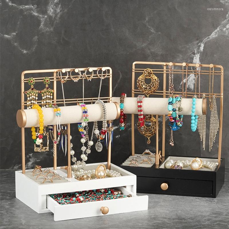 Jewelry Pouches Gold Earring Holder Organizer Stud Display Stand For Show Tiered Rack With Wooden Tray & Drawer249o