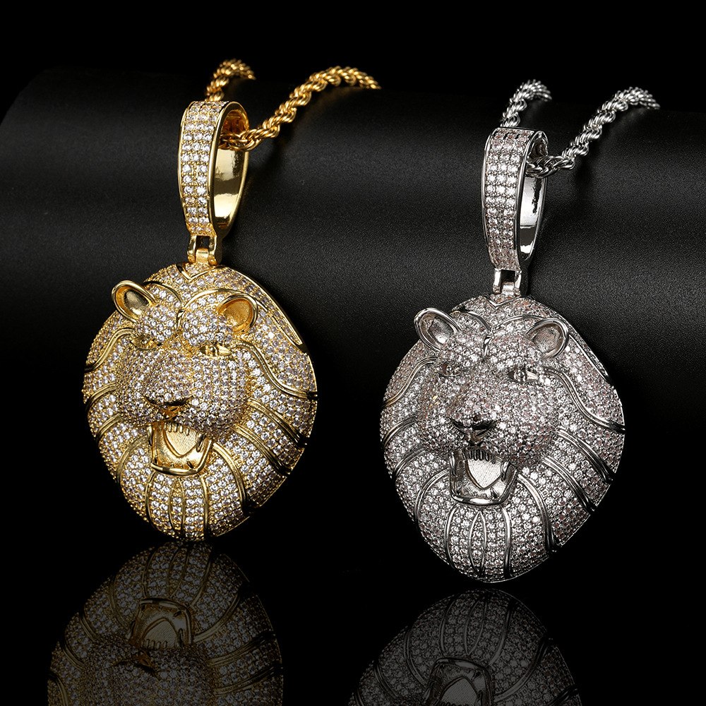 Hip Hop Grand Lion Tête Pendentif Collier Bling 5A Zircon 18k Véritable Bijoux Plaqué Or