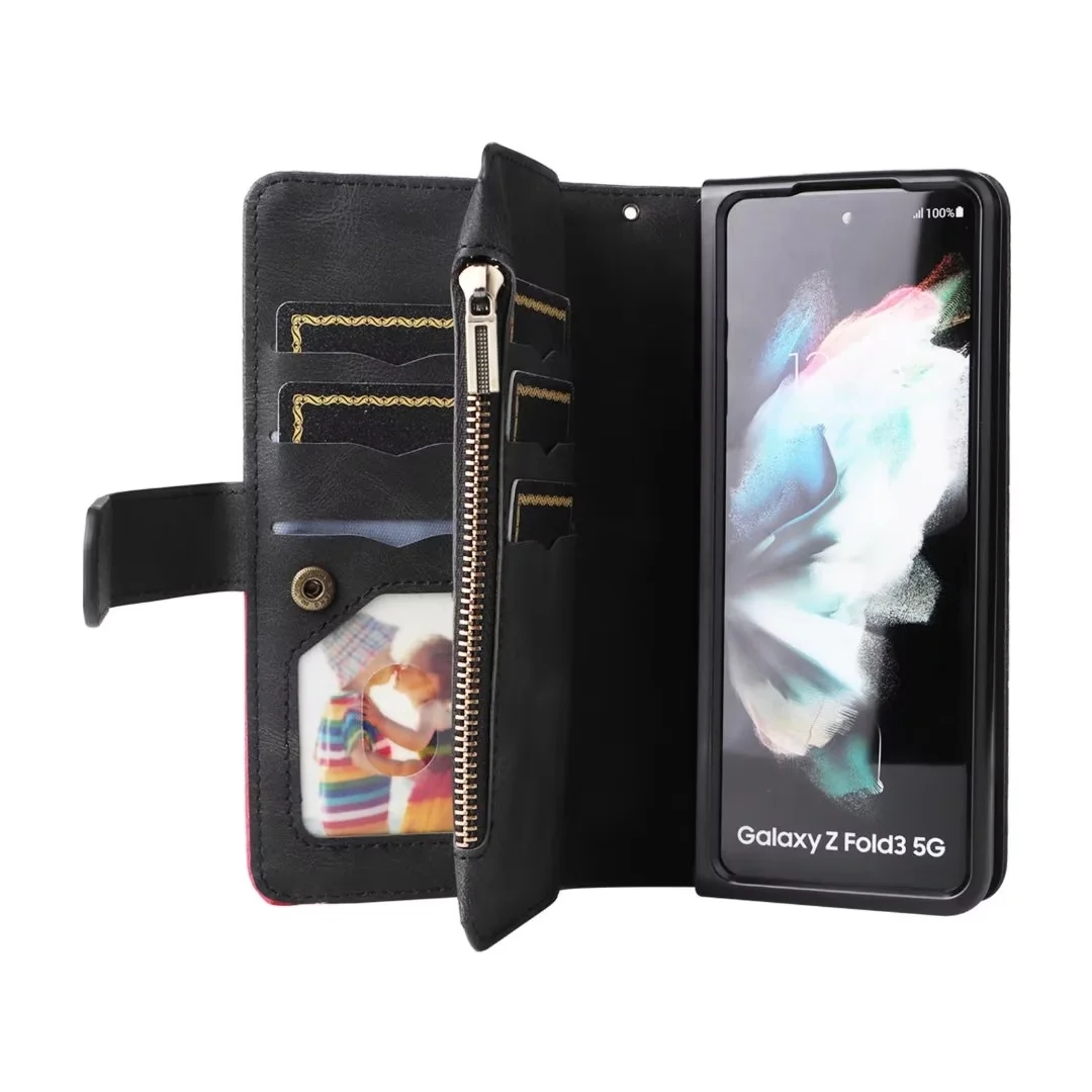 Plånbokstelefonfodral för Samsung Galaxy Z Fold 3 Dual Color Splice Pu Leather Cover Case med dragkedja myntväska och flera kortplatser