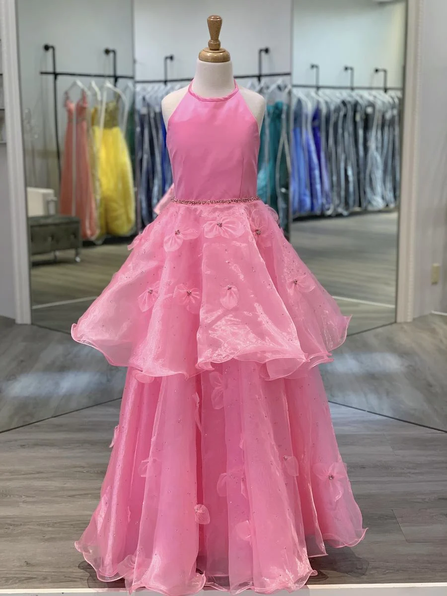 Pink Girl Pageant Dress 2023 with Cape Crystals Organza A-Line Little Kids Birthday Formal Party Wear Gowns Infant Toddler Teens Halter Tiny Young Junior Miss Yellow
