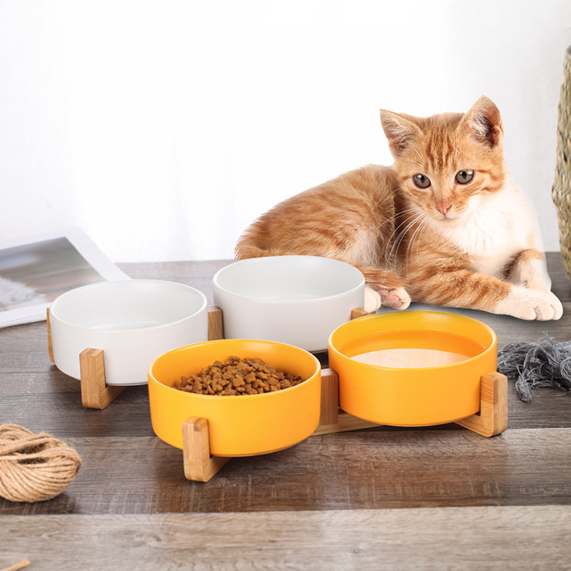 طبقات Cat Bowls المغذيات الطبق وعاء الكلب السيراميك مع موقف الخشب لا تسرب الحيوانات الأليفة غذاء الماء مغذي S صغير الكلاب وعاء لوازم تغذية 221109