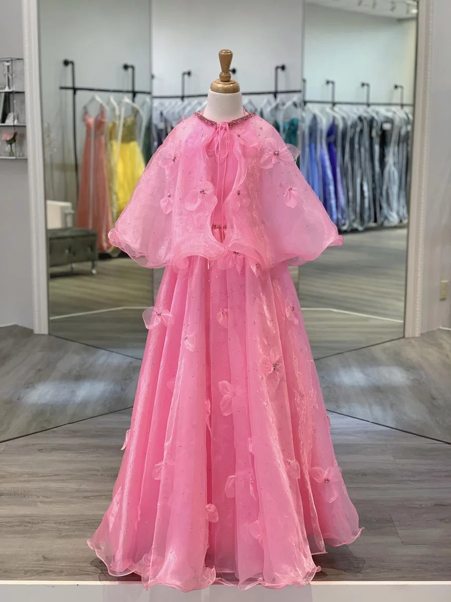 Pink Girl Pageant Dress 2023 with Cape Crystals Organza A-Line Little Kids Birthday Formal Party Wear Gowns Infant Toddler Teens Halter Tiny Young Junior Miss Yellow