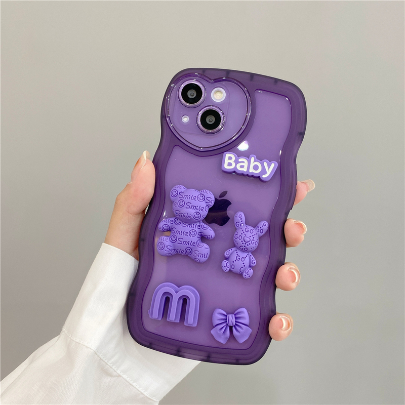 Custodia telefono Bear iPhone 14 Pro Max Plus 13 12 11 Baby TPU 3D Purple Wave Love Cover posteriore con cinghie Popolare