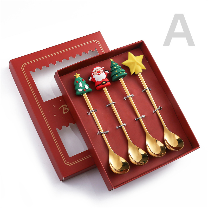 kerstlepel vork sets roestvrij staal gouden koffie schep met schattige hangmas geschenken voor families