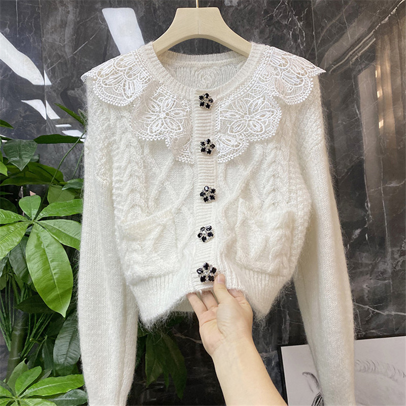 Women's o-neck lace patched cute sweater coarse wool knitted single breasted cardigan coat SML