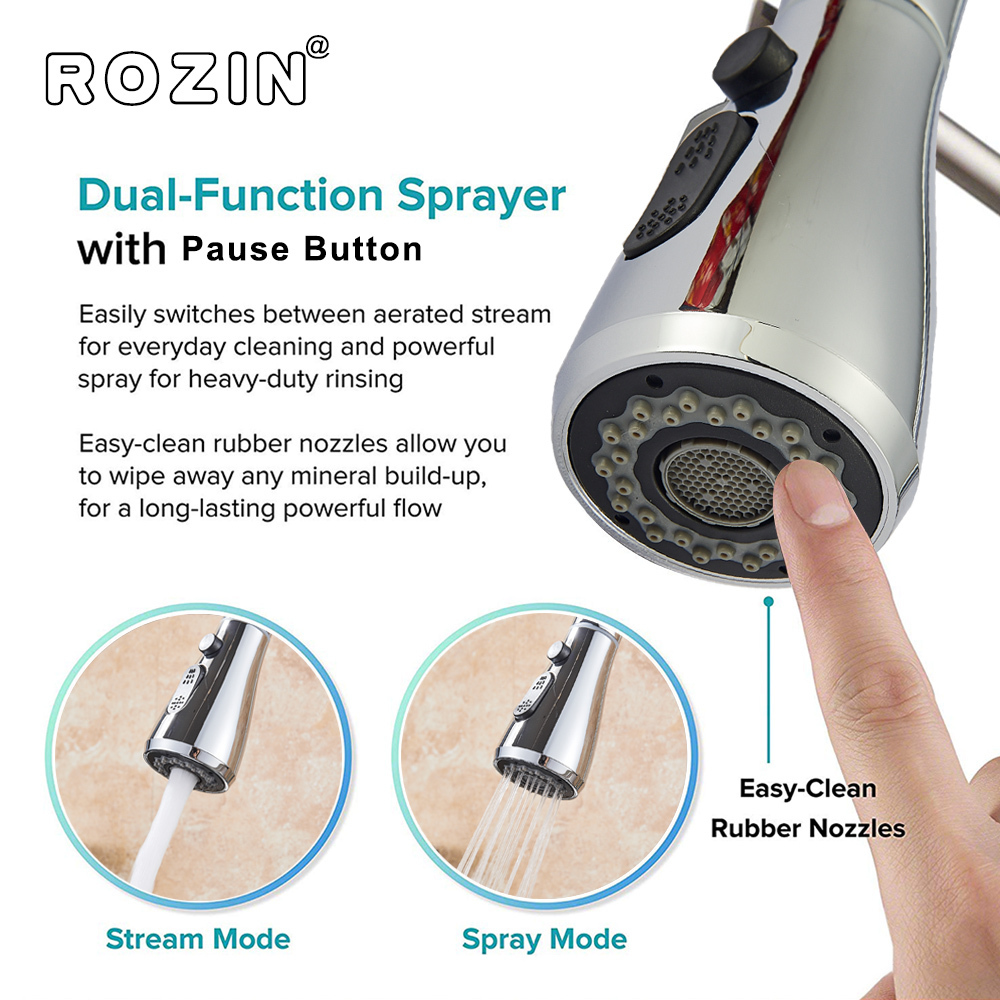 Kitchen Faucets Rozin Brushed Nickel Faucet Single Hole Pull Out Spout Sink Mixer Tap Stream Sprayer Head Chrome/Black 221109