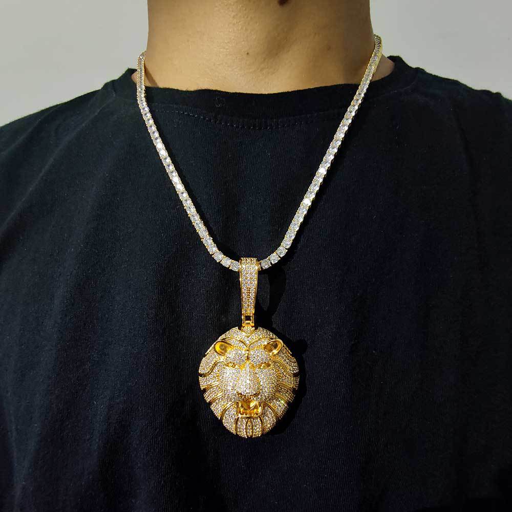 Hip Hop Large Lion Head Pendant Necklace Bling 5A Zircon Real Gold Plated Jewelry