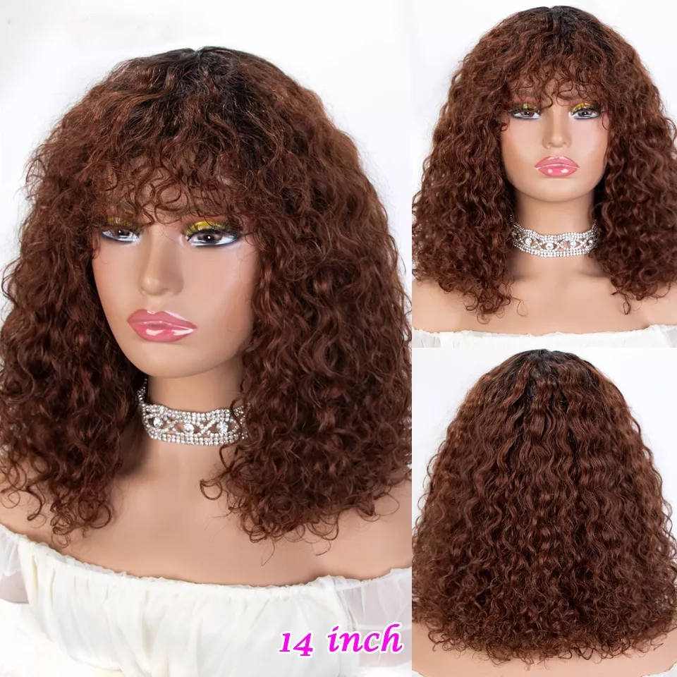 Jerry Curly Human Hair Wigs With Bangs Full Machine Made pixie Highlight Honey Blonde Colored Wig For Women Peruvian Remy 2022 hot